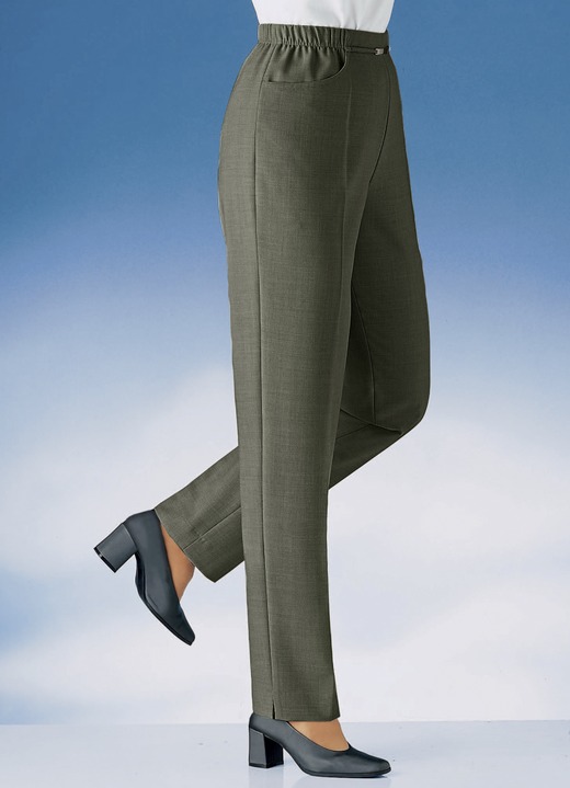 Broek met knoop- en ritssluiting - Pull-on broek in 10 kleuren, in Größe 019 bis 235, in Farbe DONKERGROENE MAALTIJD. Ansicht 1