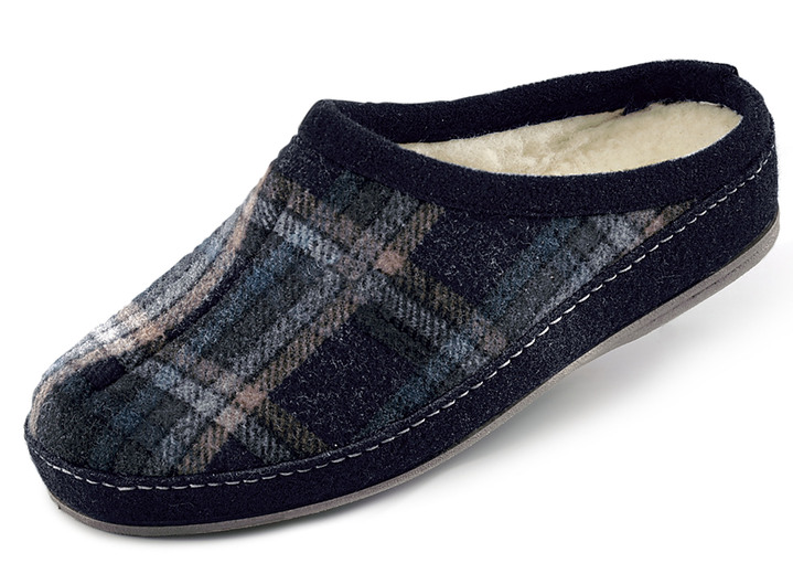 Huisschoenen - Gevoerde herenpantoffels, met nieuwe wol Huisschoenen - Gevoerde herenpantoffels, met nieuwe wol, in Größe 039 bis 046, in Farbe ZWART-MEERKLEURIG