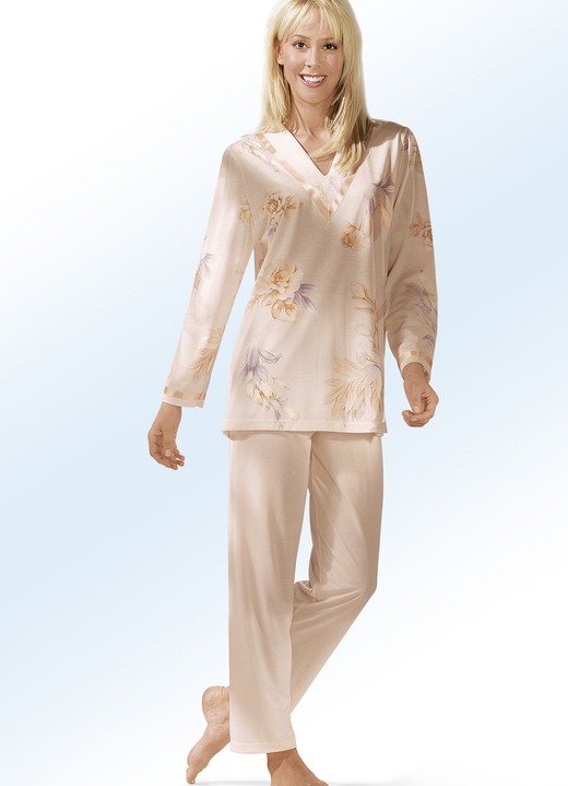 Pyjama's & shorty's - Pyjama met V-hals en lange broek, in Größe 036 bis 052, in Farbe ABRIKOOS-MEERKLEURIG