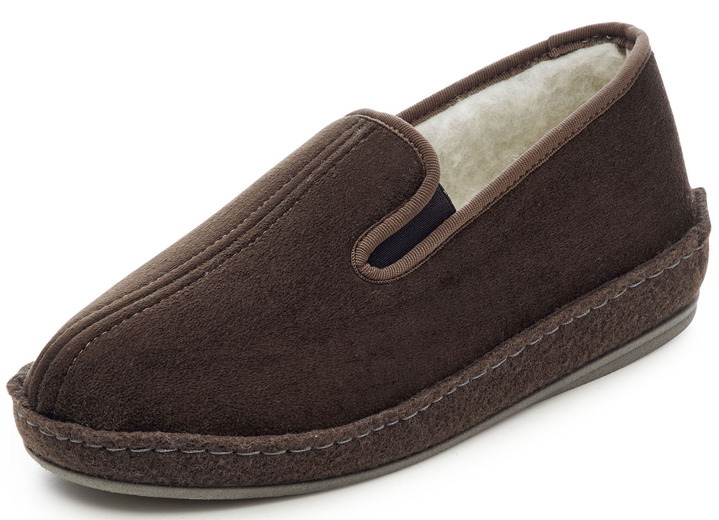 Huisschoenen - Gevoerde herenpantoffels, met nieuwe wol Huisschoenen - Gevoerde herenpantoffels, met nieuwe wol, in Größe 040 bis 046, in Farbe BRUIN