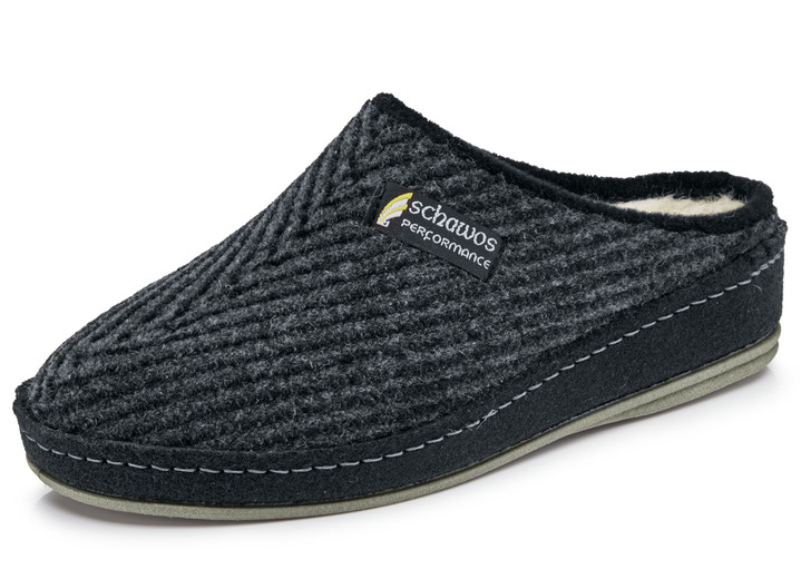 Huisschoenen - Gevoerde herenpantoffels, met nieuwe wol Huisschoenen - Gevoerde herenpantoffels, met nieuwe wol, in Größe 040 bis 046, in Farbe GRIJS-ZWART