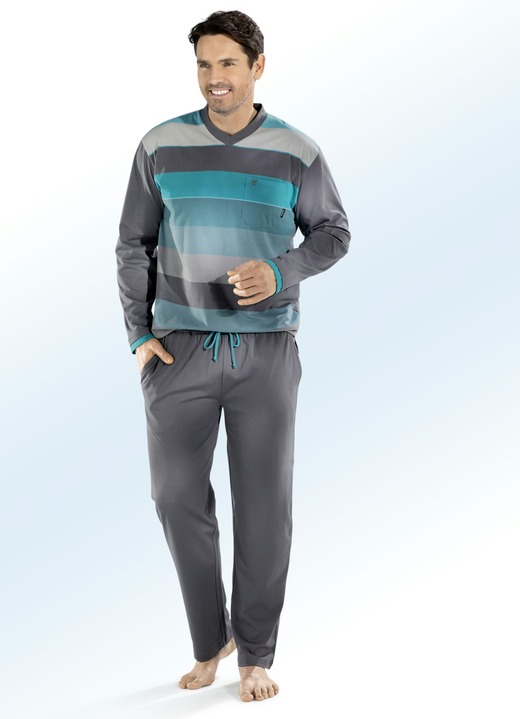 Pyjama's - Hajo ademende comfort pyjama met V-hals en in het garen geverfd streepdesign Pyjama's - Hajo ademende comfort pyjama met V-hals en in het garen geverfd streepdesign, in Größe 046 bis 060, in Farbe GRIJS-TURQUOISE