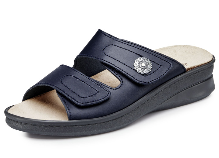 Sandalettes & slippers - Muiltjes met met leer beklede kurk en voetbed van natuurlijk rubber, in Größe 036 bis 042, in Farbe DONKERBLAUW Ansicht 1