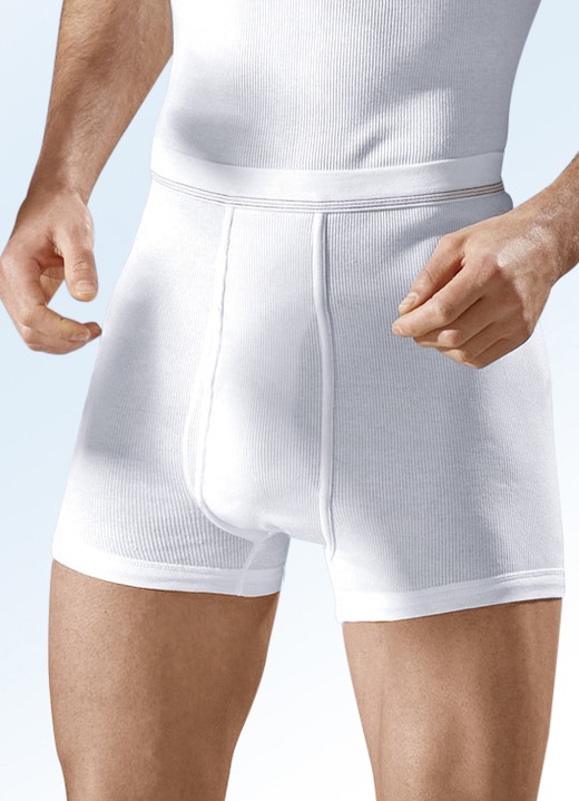 Onderbroeken - Hermko drie-pack dubbele ribbroek met gulp, wit Onderbroeken - Hermko drie-pack dubbele ribbroek met gulp, wit, in Größe 005 bis 013, in Farbe WIT