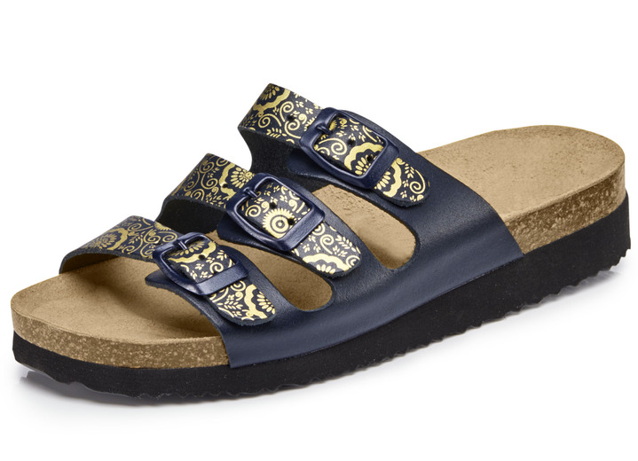 Sandalettes & slippers - Klassieke damesmuiltjes met verstelbare bandjes, in Größe 036 bis 042, in Farbe MARINE-GOUD Ansicht 1