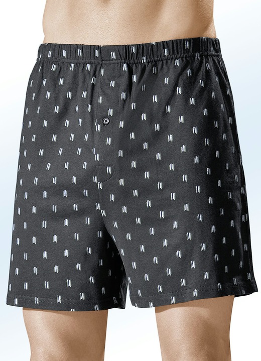 Onderbroeken - Vier-pack boxershorts, kleurrijk ontwerp, in Größe 005 bis 016, in Farbe 2x ZWART-MEERKLEURIG, 2x DUIFBLAUW-MEERKLEURIG