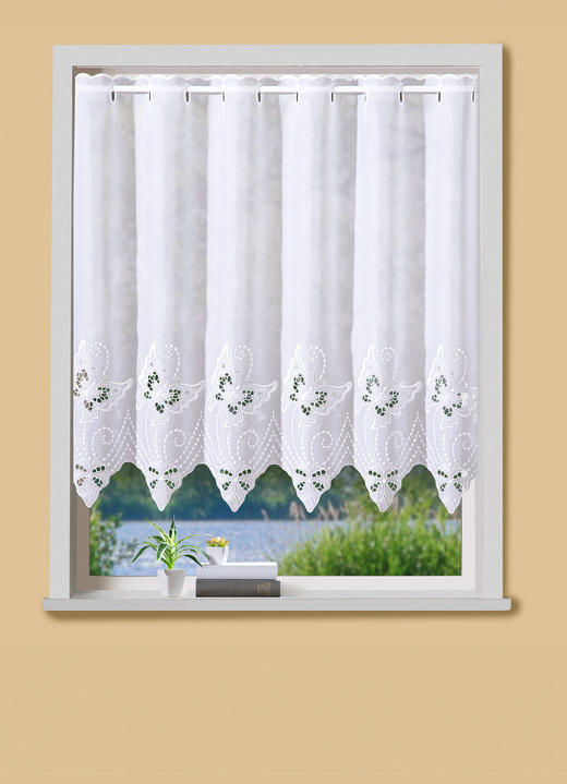 Korte gordijnen - Hoogwaardige korte vitrage met plauener kant, in Größe 790 (45 x 148 cm) bis 894 (100 x 150 cm), in Farbe WIT Ansicht 1