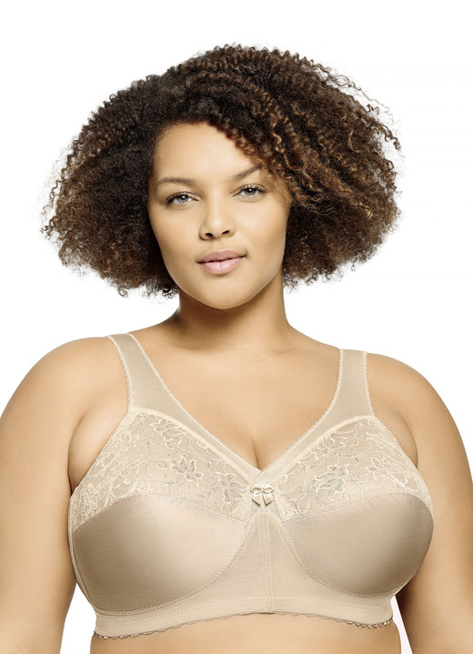 Soft-BH - Glamorise ondersteunende bh met kant, in Größe 080 bis 130, in Cup J, in Farbe HUIDKLEURIG Ansicht 1