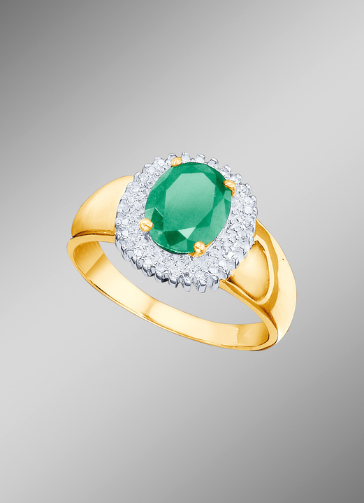 Ringen - Damesring met smaragd en diamanten, in Größe 160 bis 220, in Farbe