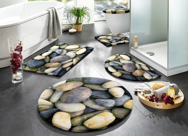 Badmatten - Onderhoudsvriendelijke badkamerset met kiezelmotief, in Größe 100 (Matje, halfrond 50/80 cm) bis 112 (motief toiletdeksel, 47/ 50 cm), in Farbe GRIJS Ansicht 1