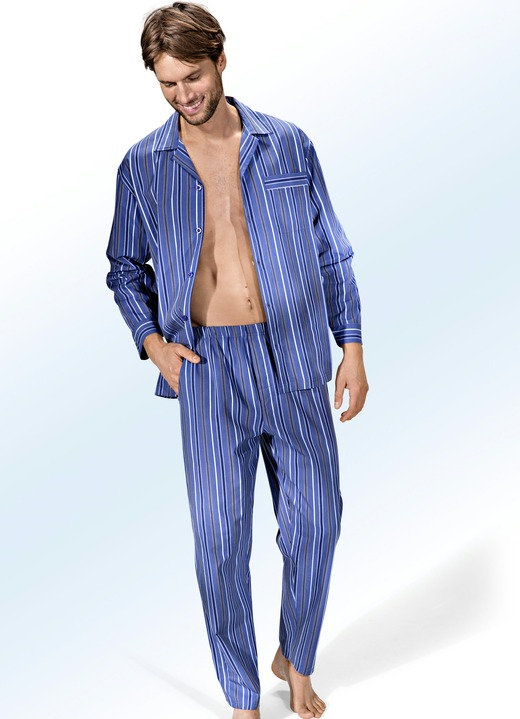 Pyjama's - Pyjama, doorgeknoopt, gemaakt van geweven stof met een gestreept dessin Pyjama's - Pyjama, doorgeknoopt, gemaakt van geweven stof met een gestreept dessin, in Größe 046 bis 060, in Farbe JEANSBLAUW-MEERKLEURIG