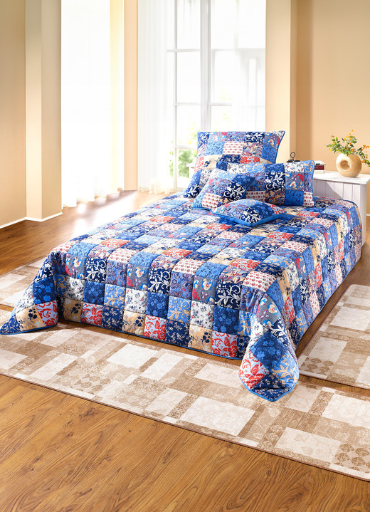 Spreien - Katoenen spreien en kussenslopen met patchwork, in Größe 873 (voor eenpersoonsbed, 140 x 210 cm ) bis 926 (Kussensloop, 80 x 80 cm), in Farbe BLAUW