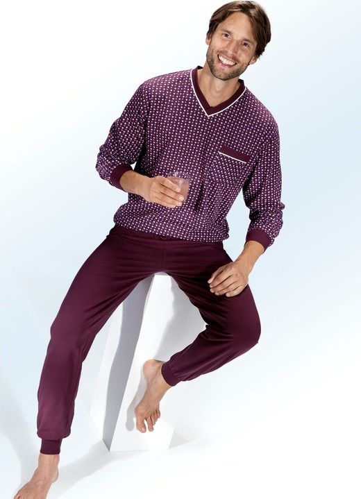 Inspiratie - Pyjama, met V-hals en ribboorden, in Größe 048 bis 066, in Farbe KASTANJE-MULTICOLOR
