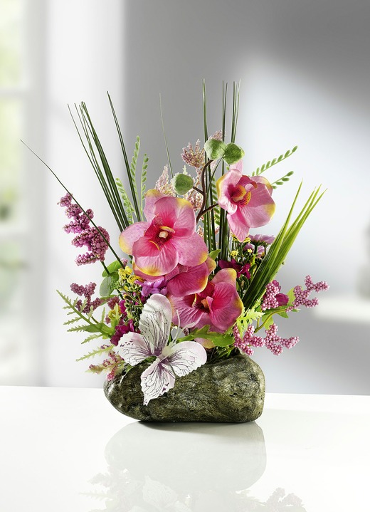 Woonaccessoires - Orchidee arrangement op steen, in Farbe ROZE