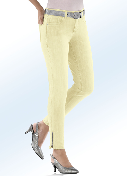Broek met knoop- en ritssluiting - Jeans met modieuze ritsen, in Größe 017 bis 050, in Farbe LICHT GEEL