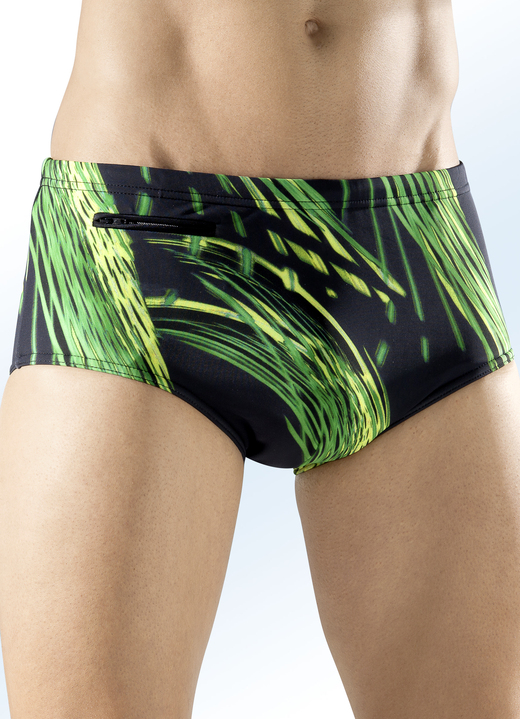 Zwemkleding - Zwembroek met hoge taille en kleurrijke all-over print Zwemkleding - Zwembroek met hoge taille en kleurrijke all-over print, in Größe 004 bis 010, in Farbe ZWART-GROEN-GEEL