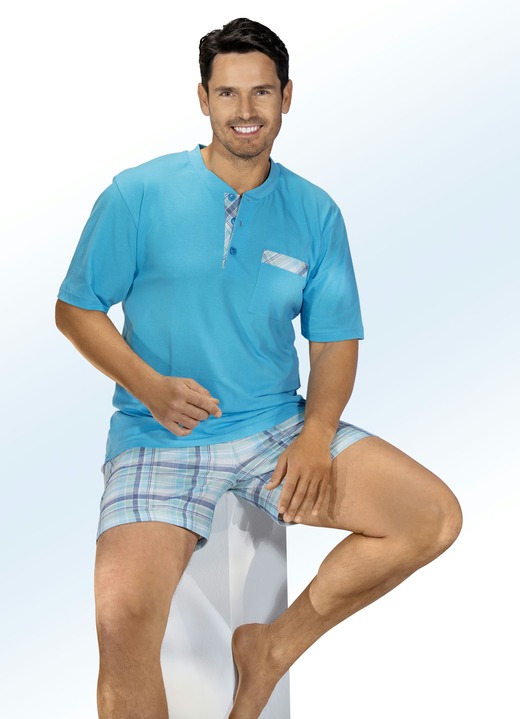 Shorties - Babydoll met knoopsluiting, opgezet borstzakje en ruitjesdessin Shorties - Babydoll met knoopsluiting, opgezet borstzakje en ruitjesdessin, in Größe 046 bis 060, in Farbe TURQUOISE-MINT-JEANSBLAUW