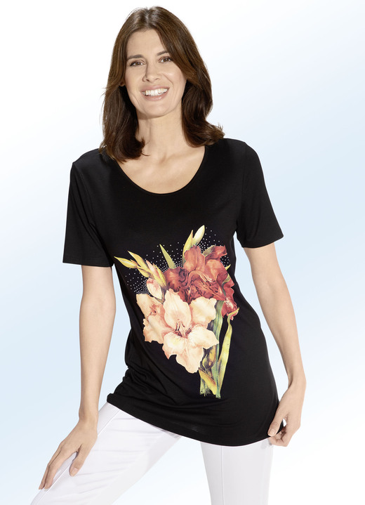Shirts met strass steentjes - Lang shirt met contrastprint in 2 kleuren, in Größe 038 bis 054, in Farbe ZWART Ansicht 1
