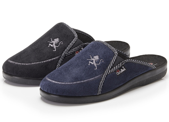 Huisschoenen - Tweepack klassieke herenpantoffels, breedte H, met elastische band Huisschoenen - Tweepack klassieke herenpantoffels, breedte H, met elastische band, in Größe 040 bis 046, in Farbe BLAUW-ZWART