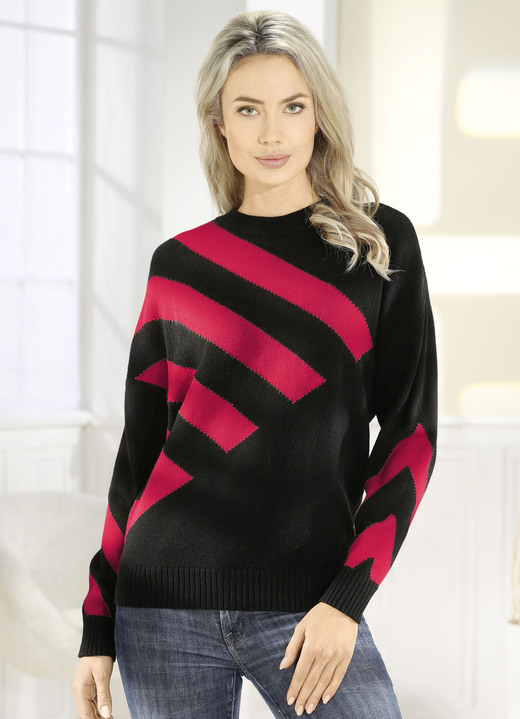 Lange mouw - Intarsia trui, in Größe 036 bis 052, in Farbe ZWART-ROOD Ansicht 1