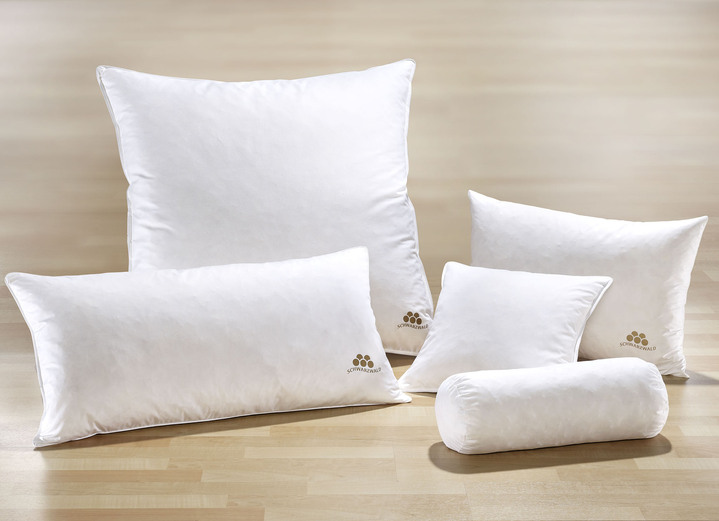 Dekbedden - Kussenserie met goudkleurige satijnen bies, in Größe 120 (80/80 cm) bis 124 (nekrol, 15/40 cm), in Farbe WIT, in Ausführung Kwaliteit I: 100% veren Ansicht 1