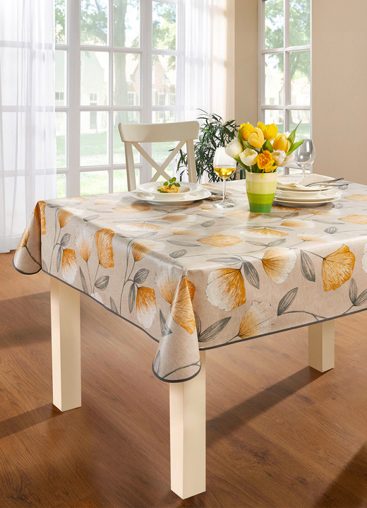 Tafellakens - Tafelzeil van tafelzeil met ginkgo-motieven, in Größe 108 (tafelkleed, 80/80 cm) bis 190 (Tafellaken ovaal, 140/190 cm), in Farbe TERRA Ansicht 1