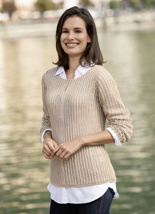 Lange mouw - Trui van elegant, glanzend lintgaren, in Größe L(44/46) bis XS (32/34), in Farbe ZANDBEIGE Ansicht 1