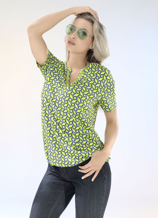 Korte mouw - Shirt met decoratief lint aan de V-split Korte mouw - Shirt met decoratief lint aan de V-split, in Größe 034 bis 052, in Farbe GROEN-GEEL-KONINKLIJK BLAUW