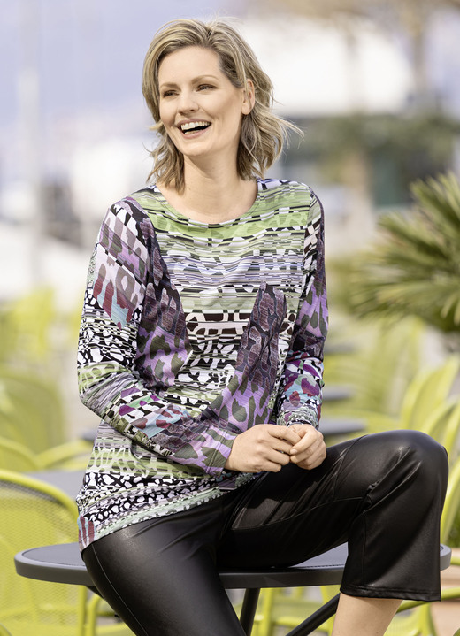 Lange mouw - Shirt met felgekleurde inkjetprint Lange mouw - Shirt met felgekleurde inkjetprint, in Größe 036 bis 052, in Farbe GROEN-PAARS-KLEURIG