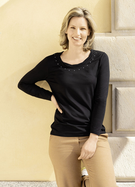 Shirts met strass steentjes - Shirt met charmante afwerking in 2 kleuren, in Größe 036 bis 052, in Farbe ZWART Ansicht 1