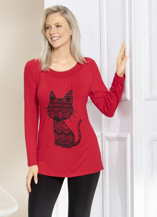 Lange mouw - Shirt met kattenmotief in 2 kleuren Lange mouw - Shirt met kattenmotief in 2 kleuren, in Größe 038 bis 054, in Farbe ROOD