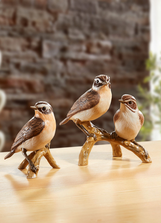 Woonaccessoires - Vogel van het jaar 2023 - Whitthroat, in Farbe BUNT, in Ausführung Braunkehlchen auf Ast