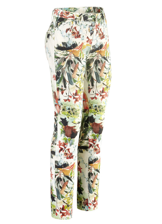 Broek met knoop- en ritssluiting - Broek met schitterende kleurenprint Broek met knoop- en ritssluiting - Broek met schitterende kleurenprint, in Größe 017 bis 050, in Farbe ECRU-GRÜN-ORANGE-BUNT