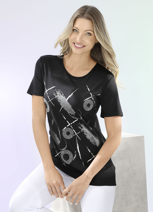 Korte mouw - Shirt met zilveren contrastprint Korte mouw - Shirt met zilveren contrastprint, in Größe 036 bis 052, in Farbe ZWART