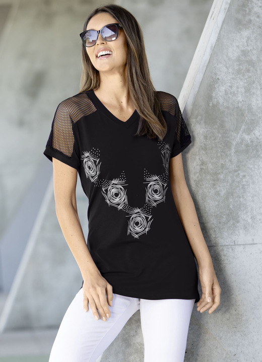 Shirts met strass steentjes - Lang shirt met contrastprint in 2 kleuren Shirts met strass steentjes - Lang shirt met contrastprint in 2 kleuren, in Größe 038 bis 054, in Farbe SCHWARZ