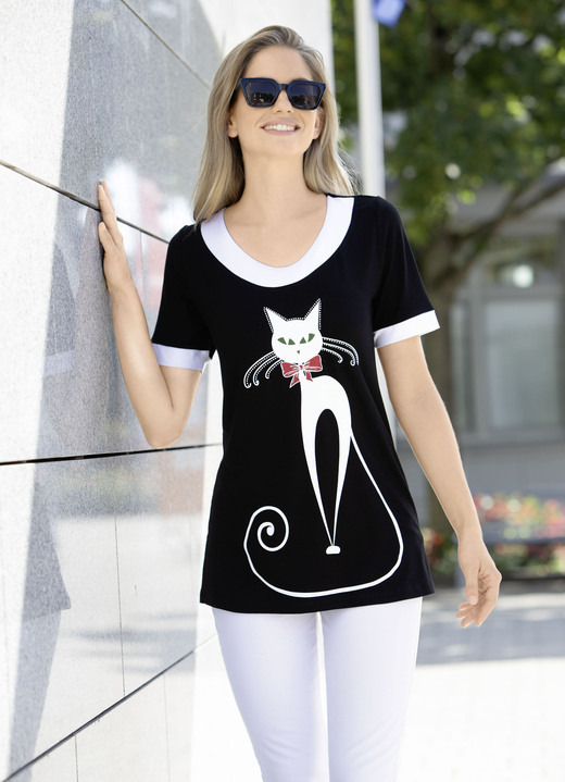 Shirts met strass steentjes - Lang shirt met kattenmotief, in Größe 038 bis 056, in Farbe SCHWARZ