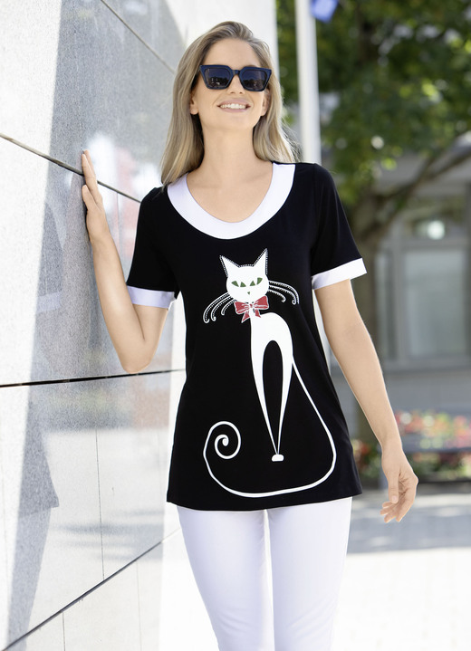 Shirts met strass steentjes - Lang shirt met kattenmotief, in Größe 038 bis 054, in Farbe SCHWARZ