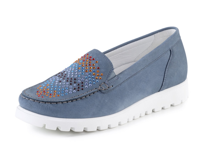 Breedte H - Waldläufer mocassinpantoffels versierd met kleurrijke strasssteentjes, in Größe 3 1/2 bis 8, in Farbe JEANS Ansicht 1