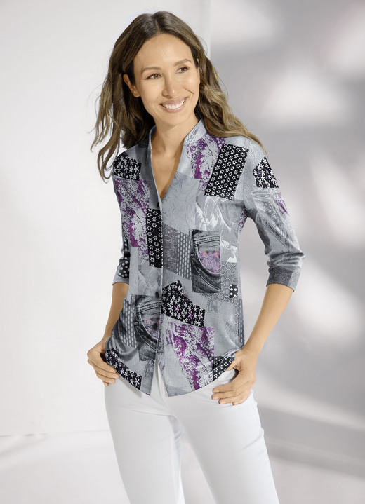 3/4-mouw - Overhemdblouse met knoopsluiting 3/4-mouw - Overhemdblouse met knoopsluiting, in Größe 036 bis 052, in Farbe GRAU-ROSÉ-BUNT