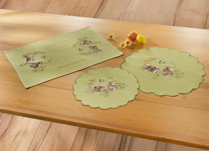 Wonen - Tafel- en kamerdecoratie met hazenmotieven, in Größe 101 (Kleedje, 35/50 cm) bis 404 (Kussensloop, 40/40 cm), in Farbe GRÜN Ansicht 1