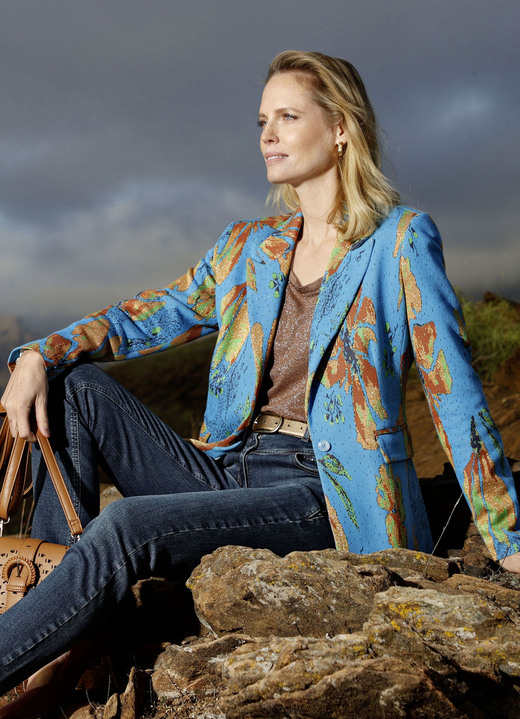 - Blazer van hoogwaardig jacquardbreisel, in Größe 038 bis 048, in Farbe TURQUOISE-GOUD Ansicht 1