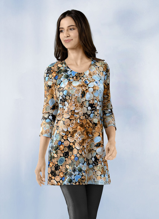 3/4-mouw - Longshirt met all-overprint, in Größe 036 bis 048, in Farbe BLAUW-BRUIN-ZWART
