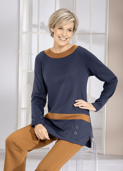 Lange mouw - Sweatshirt met contrastpaneel in 2 kleuren Lange mouw - Sweatshirt met contrastpaneel in 2 kleuren, in Größe 040 bis 056, in Farbe MARINE KAMEEL