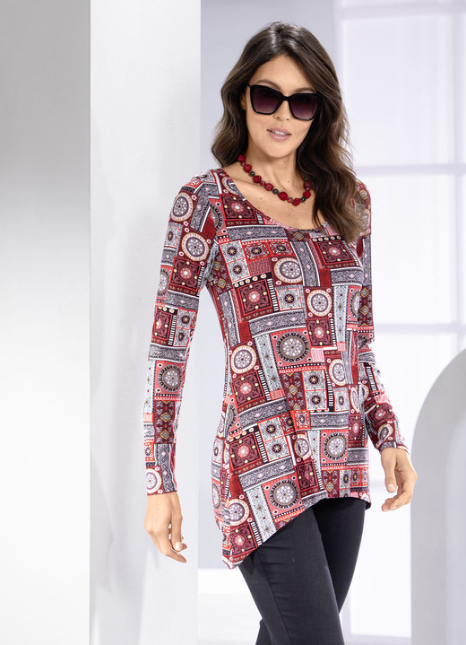 Lange mouw - Shirt met geschulpte zoomboord Lange mouw - Shirt met geschulpte zoomboord, in Größe 036 bis 054, in Farbe ROOD-ECRU-BORDEAUX