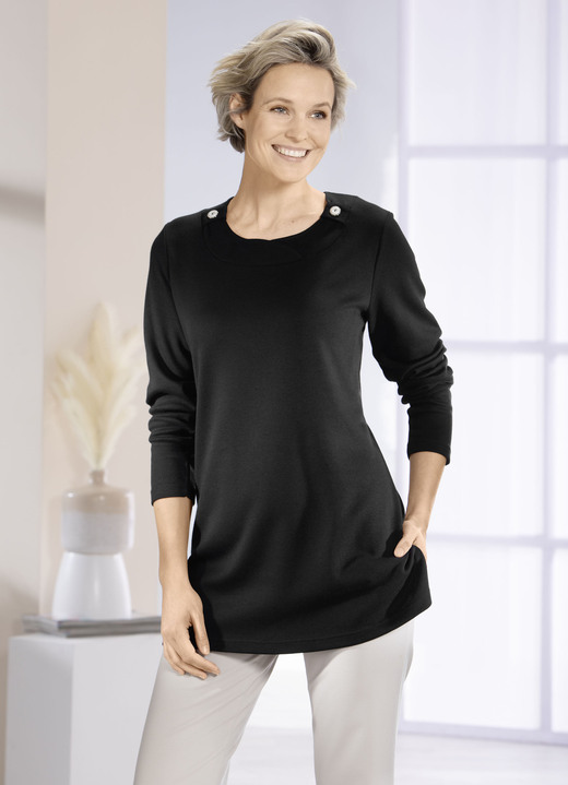 Lange mouw - Sweatshirt met decoratieve knopen in 2 kleuren Lange mouw - Sweatshirt met decoratieve knopen in 2 kleuren, in Größe 040 bis 054, in Farbe ZWART