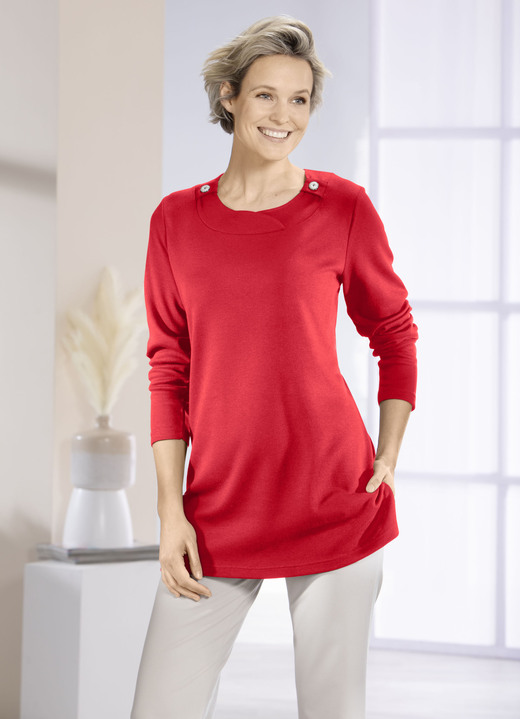 Lange mouw - Sweatshirt met decoratieve knopen in 2 kleuren Lange mouw - Sweatshirt met decoratieve knopen in 2 kleuren, in Größe 040 bis 054, in Farbe ROOD