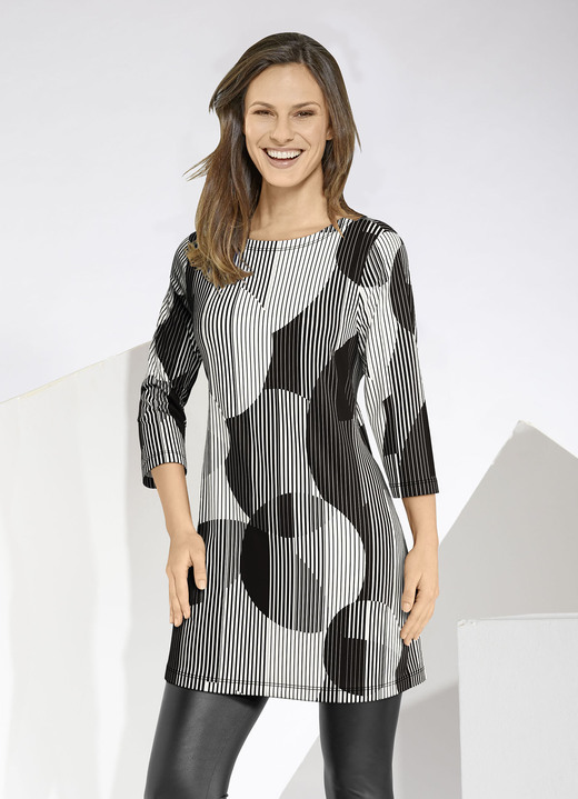 - Lang shirt met een schitterend gekleurde all-over print - Lang shirt met een schitterend gekleurde all-over print, in Größe 038 bis 050, in Farbe ZWART-WIT
