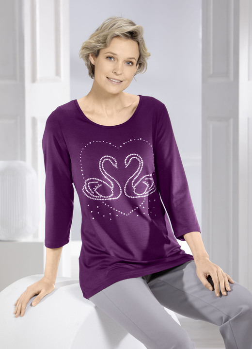3/4-mouw - Shirt met elegante strass-versiering in 2 kleuren, in Größe 038 bis 052, in Farbe AUBERGINE Ansicht 1
