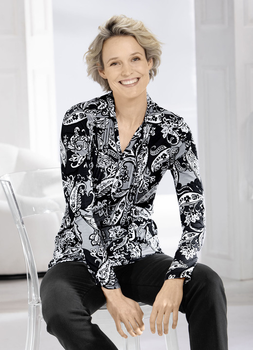 Lange mouw - Poloshirt met bies in 2 kleuren, in Größe 036 bis 054, in Farbe ZWART-WIT Ansicht 1