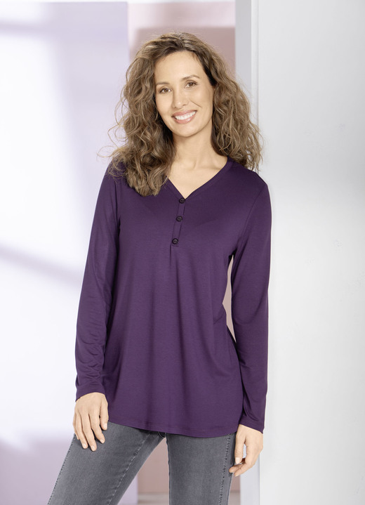 Lange mouw - Overhemd tuniek met korte knoopsluiting, in Größe 036 bis 054, in Farbe AUBERGINE